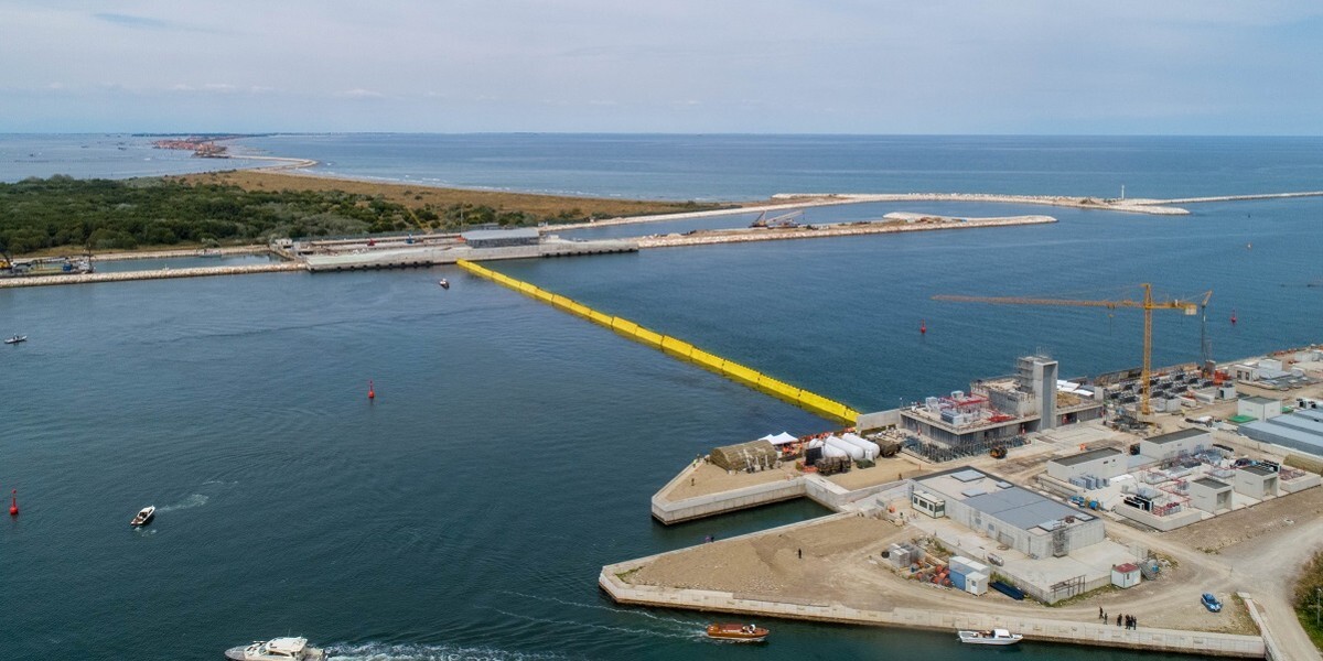 Mobile surge barriers at the three inlets of the Venice lagoon MOSE (Italy)